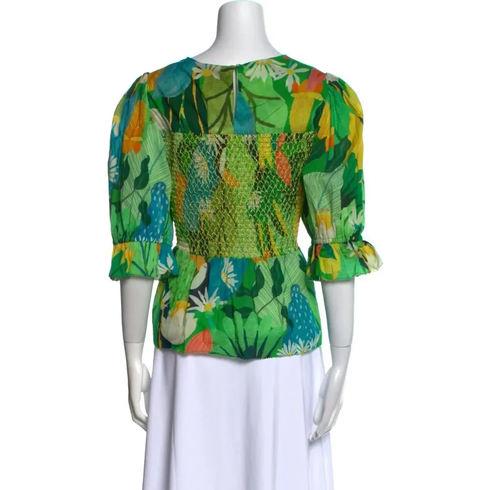 Farm Rio Women Sz S Tropical Toucan Floral Smocked Puff Sleeve Peplum Blouse NWT